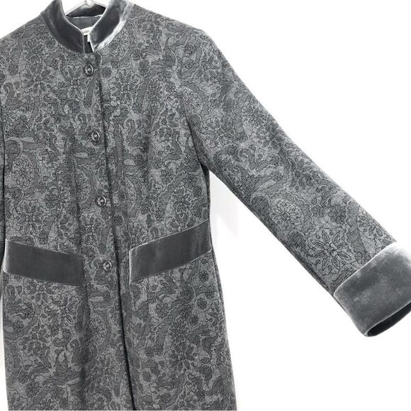 Coldwater Creek Gray Floral Pattern Velvet Trim Long Statement Blazer Jacket - Picture 5 of 16